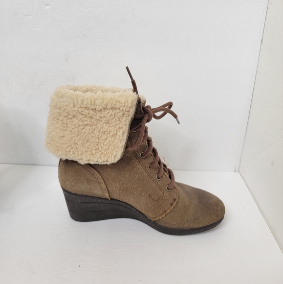 UGG Zea Brown Leather Shearling Lined Lace Up Wedge Combat Cuff Boots 7 1003360 - Picture 5 of 12